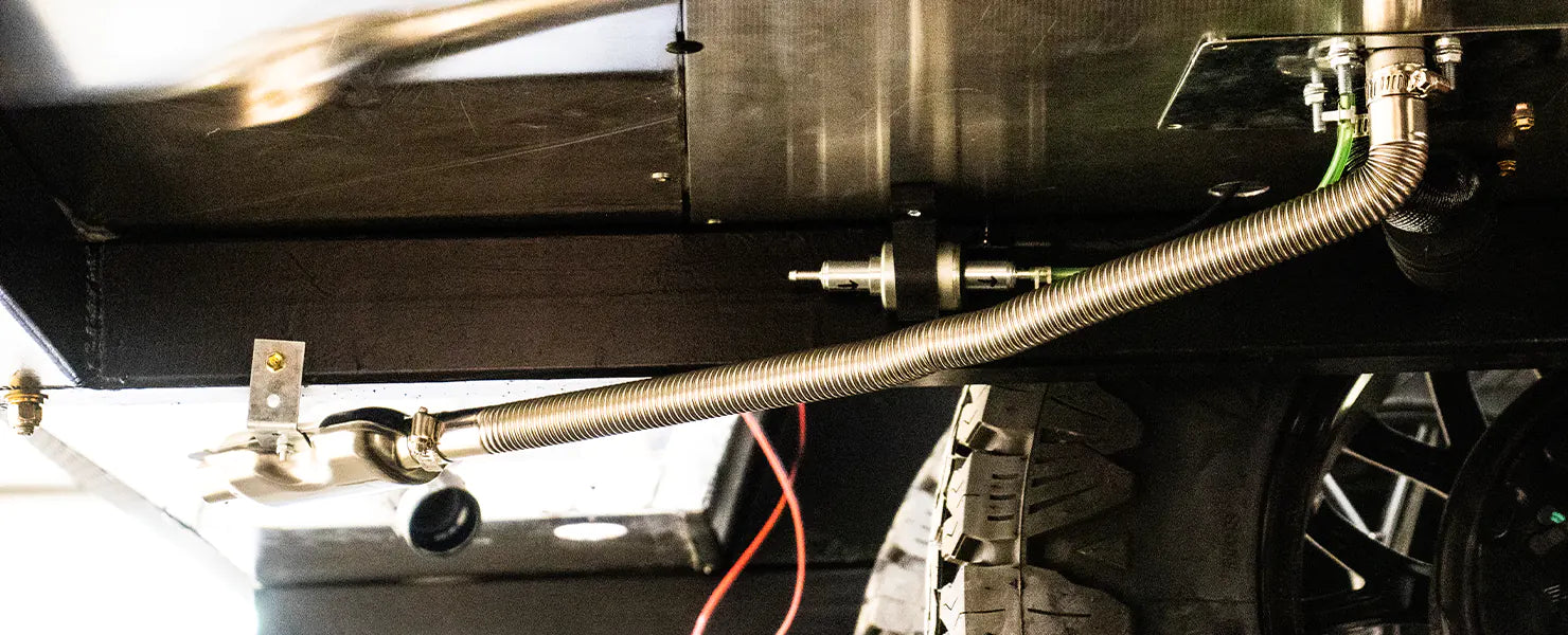 Diesel heater exhaust on the rear of the 4-season teardrop trailer