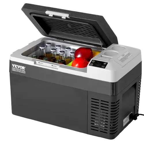 12V Portable car fridge, refrigerator with content and open