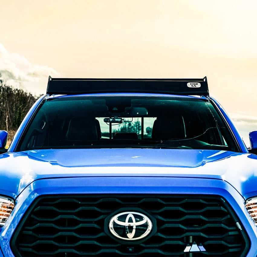 Front view of the Blue Toyota tacoma 3rd gen with a VAN44 Roof Rack