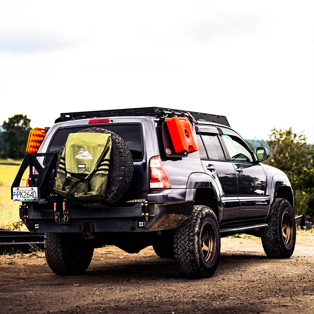 View of the roof rack from te right on a 4runner ready for overlanding