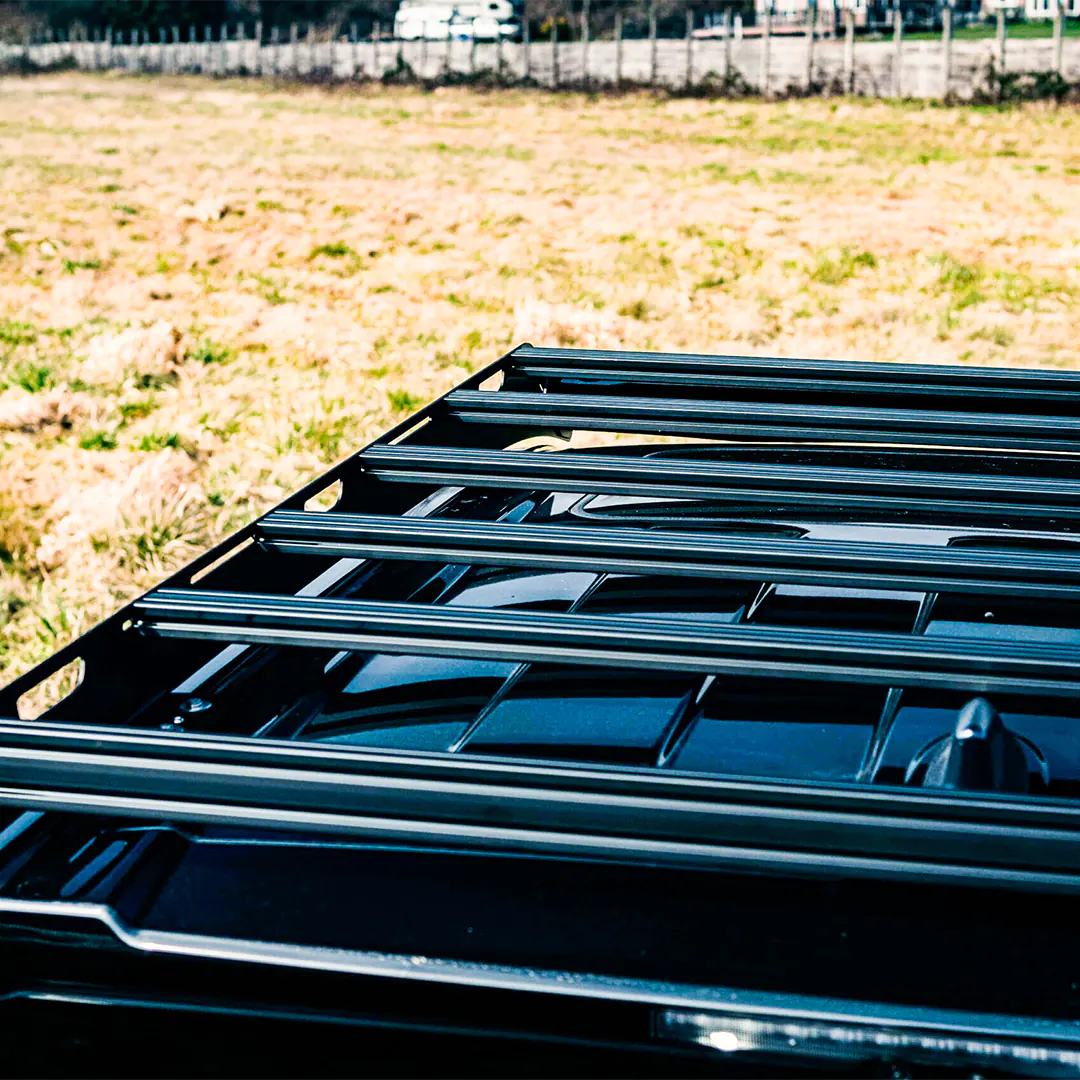Crossbars on the roof rack for overland gear
