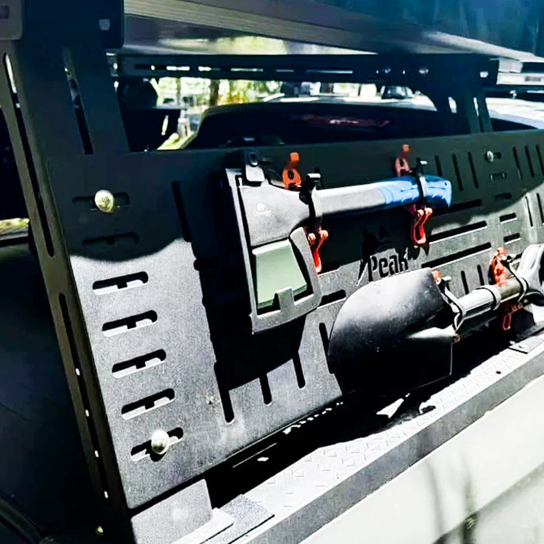 Detailed view of overlanding gear on the overlanding rack