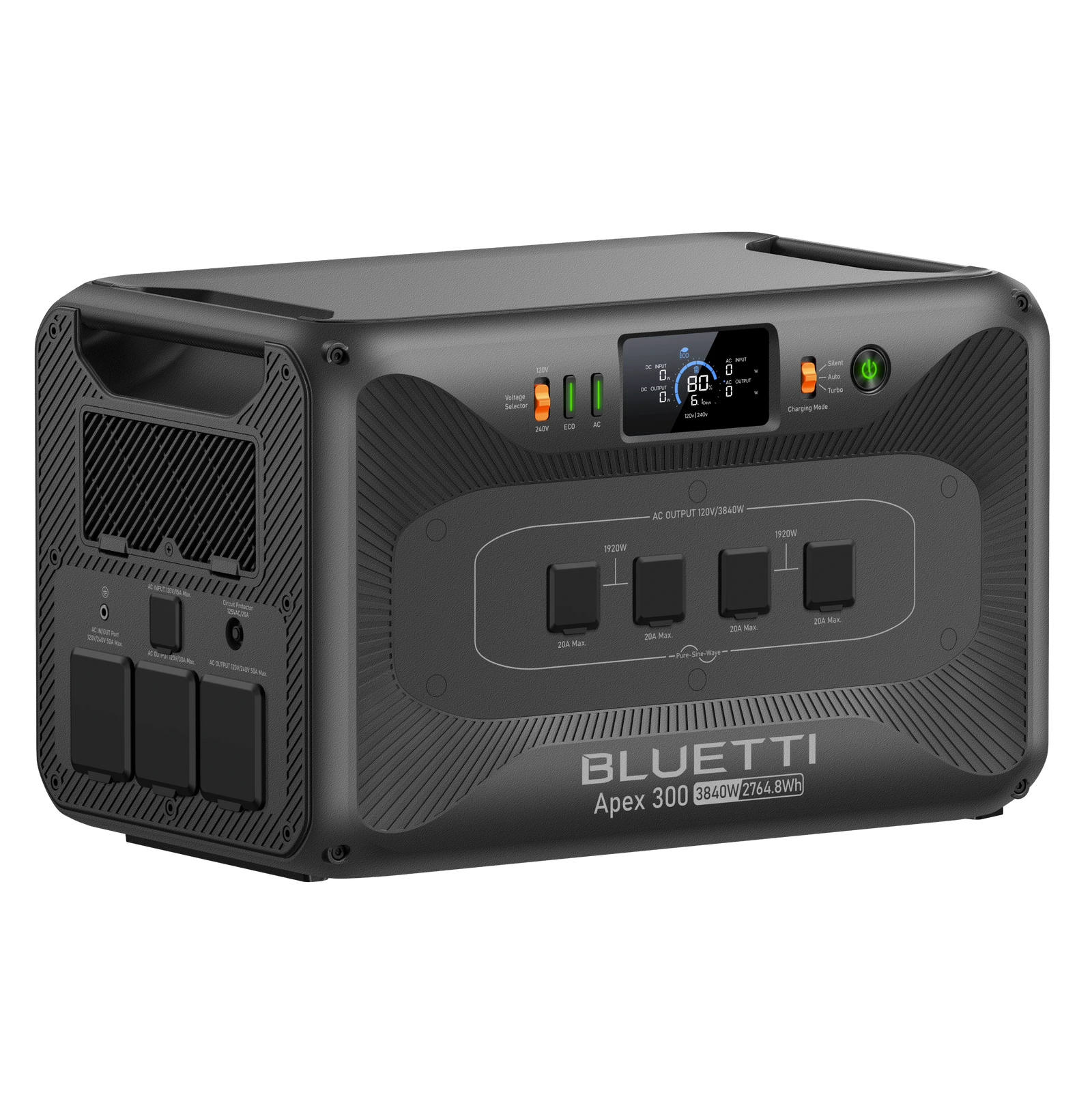Side view of the Lithium Portable Battery Generator Bluetti Apex300