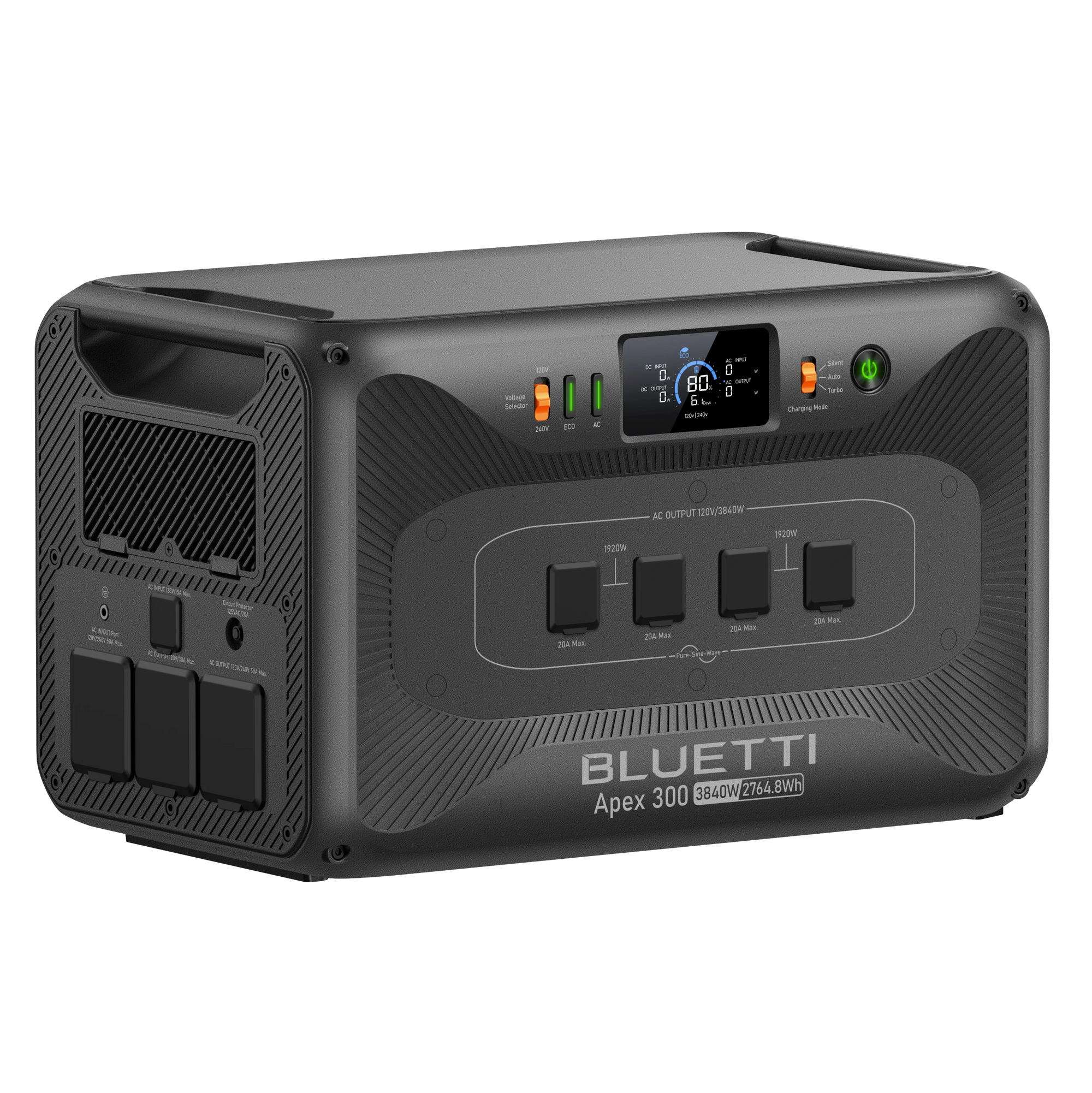 Side view of the Lithium Portable Battery Generator Bluetti Apex300