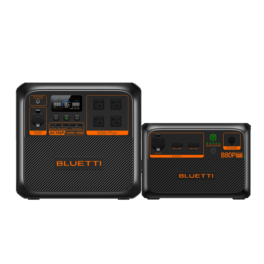 View of the Bluetti AC180P Power Station with the B80P Battery Expansion electric supply