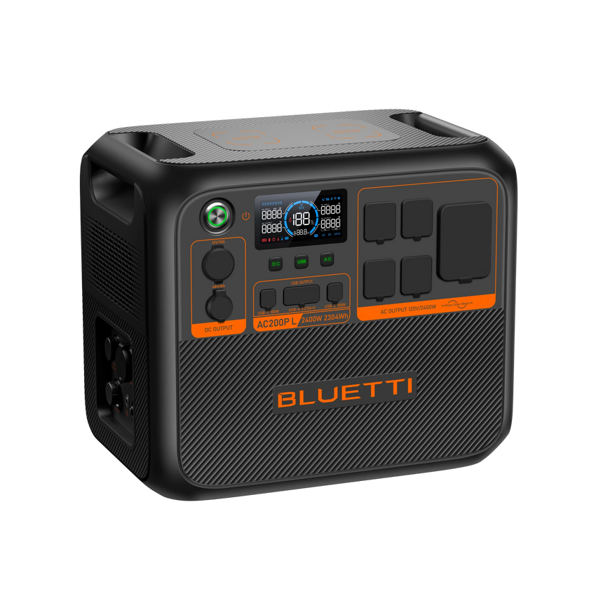 Side view of the power pack for camping with outlet plug
