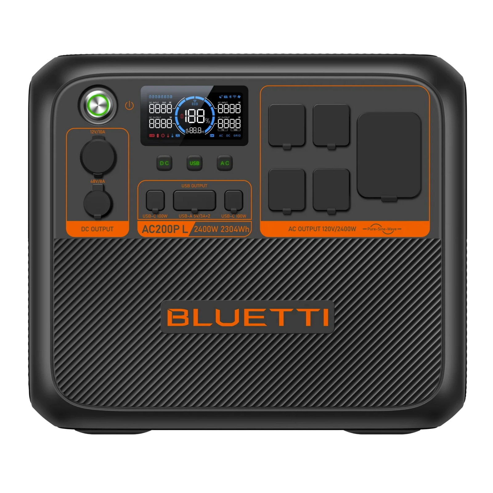 Front view of the Battery Power source with ac outlet plug