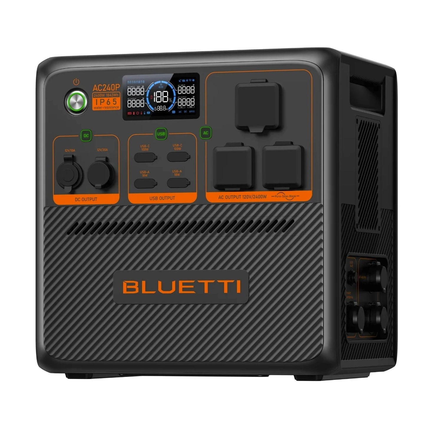 Side view of the Battery Pack for Camping with 110V outlet plug and USB and 12V port, compatible with solar panels