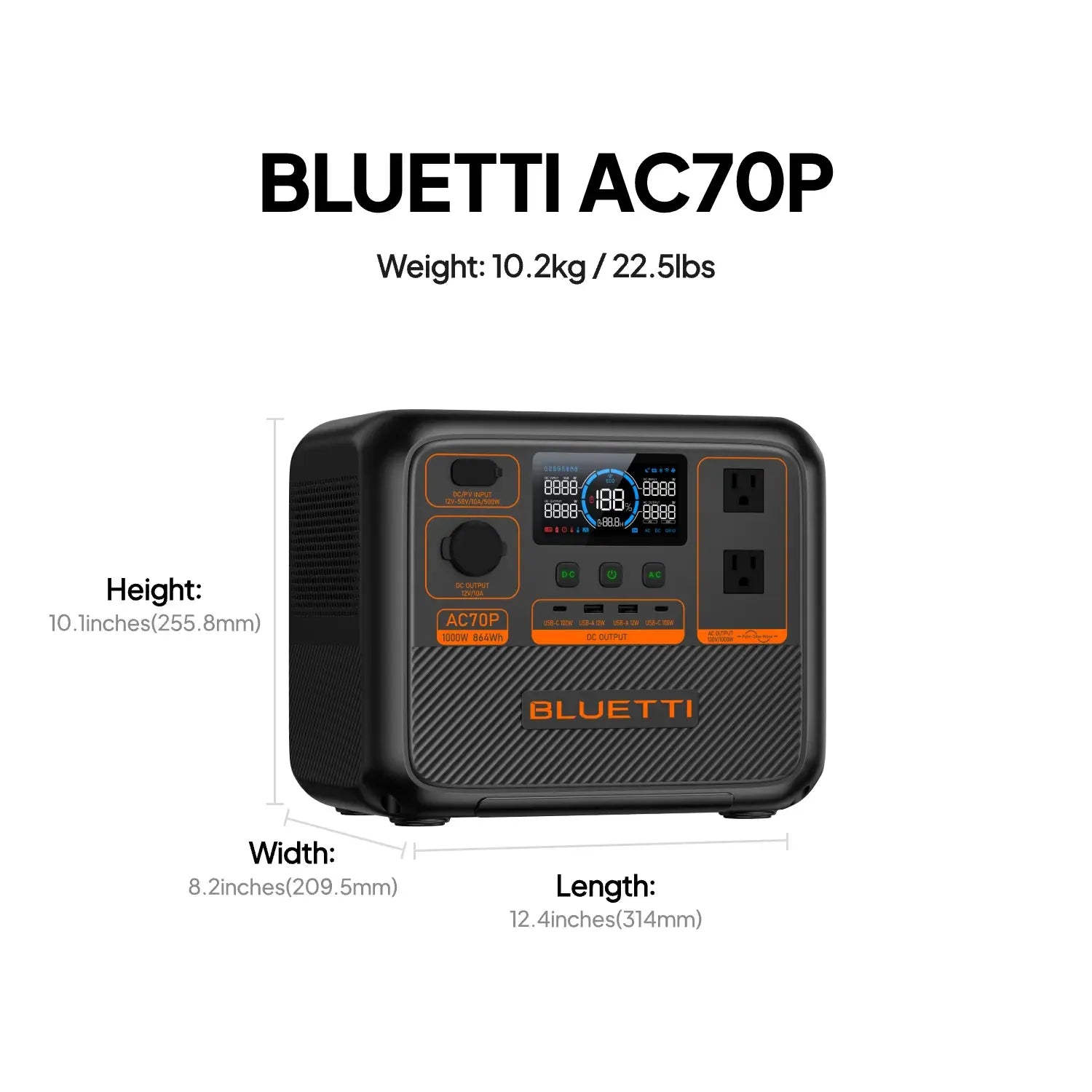 Size of the bluetti AC70P Portable power generator