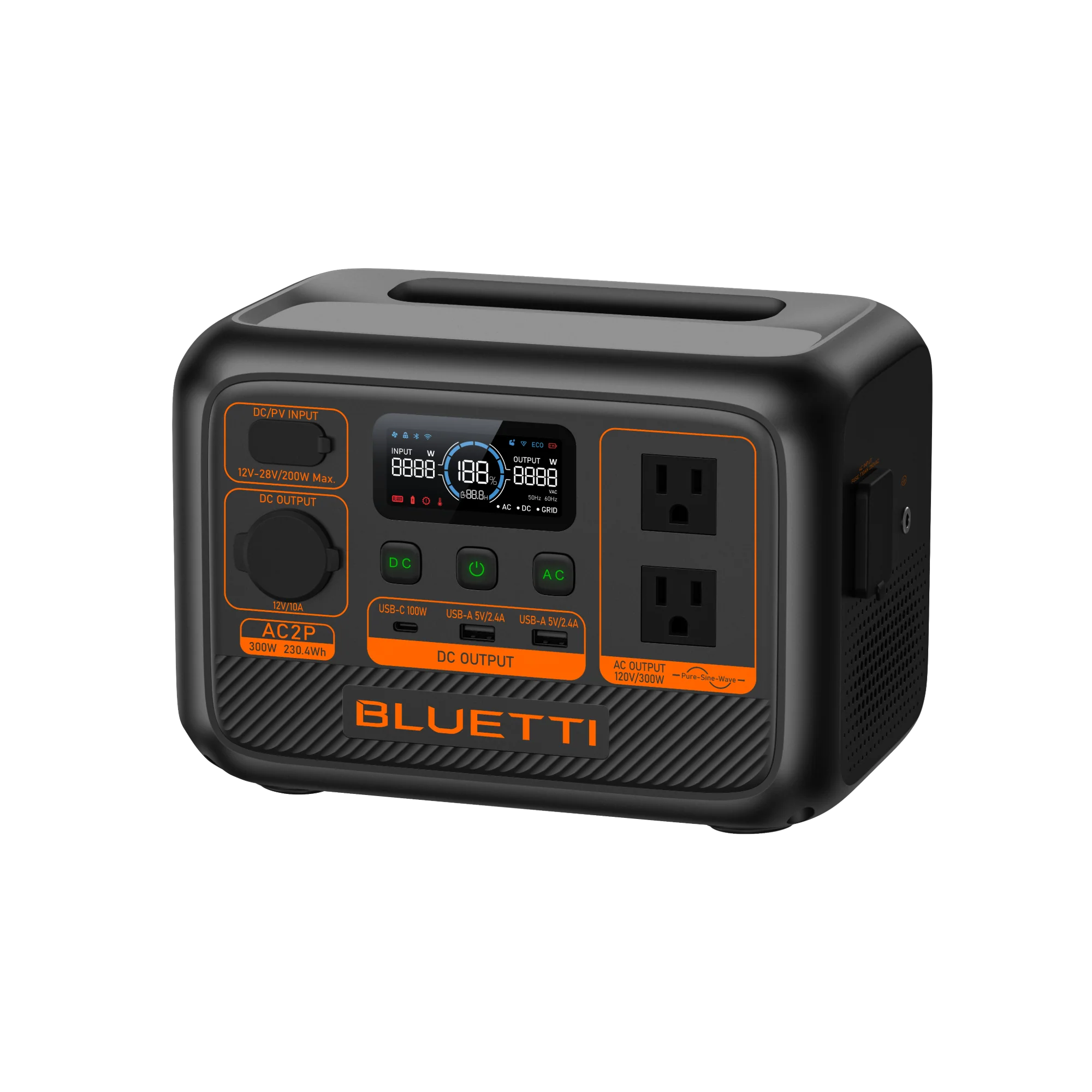 Portable Battery Generator, front view with ac outlet for camping