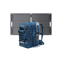 View with a foldable solar panel for backpacking with a power bank with ac outlet