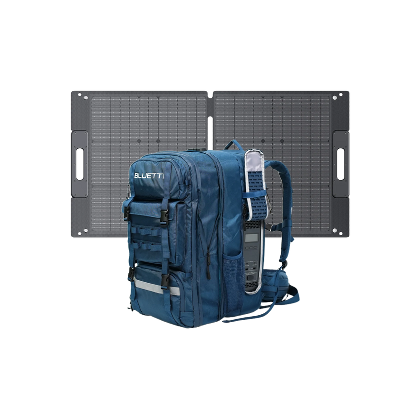 View with a foldable solar panel for backpacking with a power bank with ac outlet