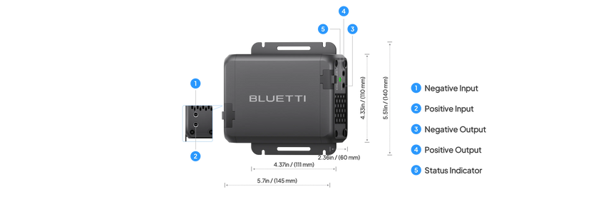 Vue en détails des connectiques et des boutons du chargeur dc dc de bluetti