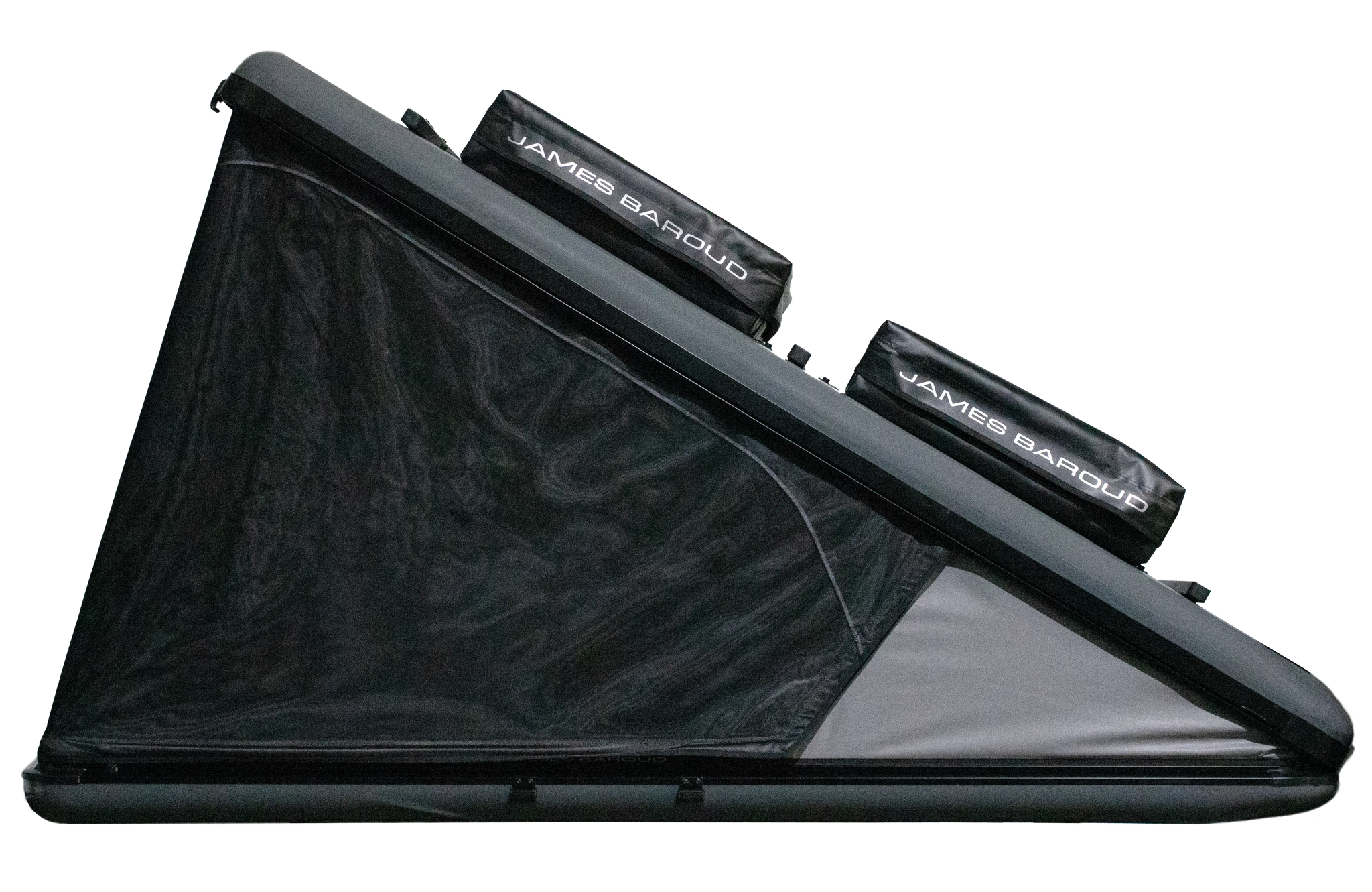 Roof top tent with cargo on top and closed windows