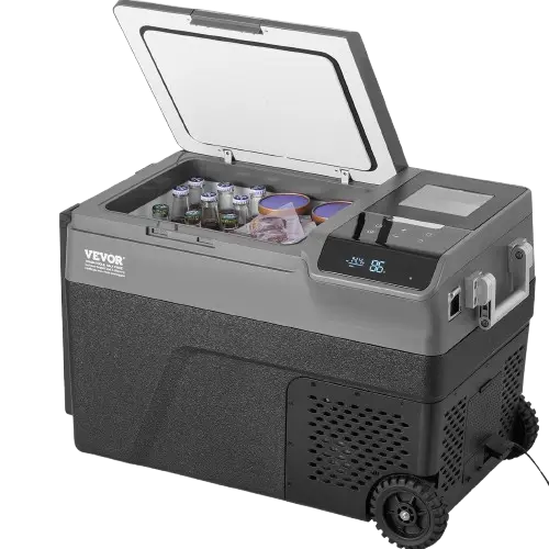 Cooler Box with wheels front view and drinks inside