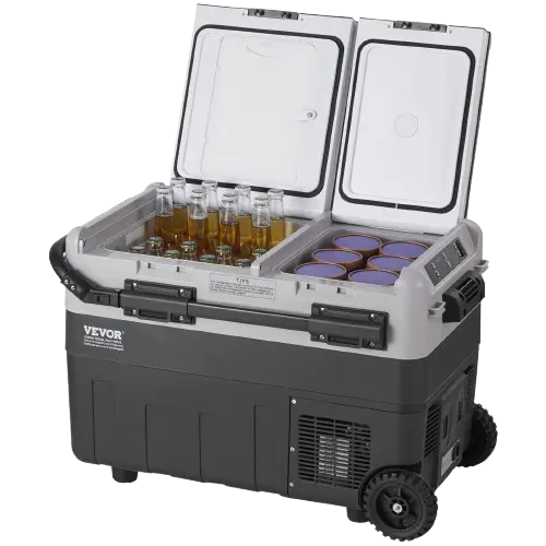 Cooler with Wheels and Handle opened view with drinks