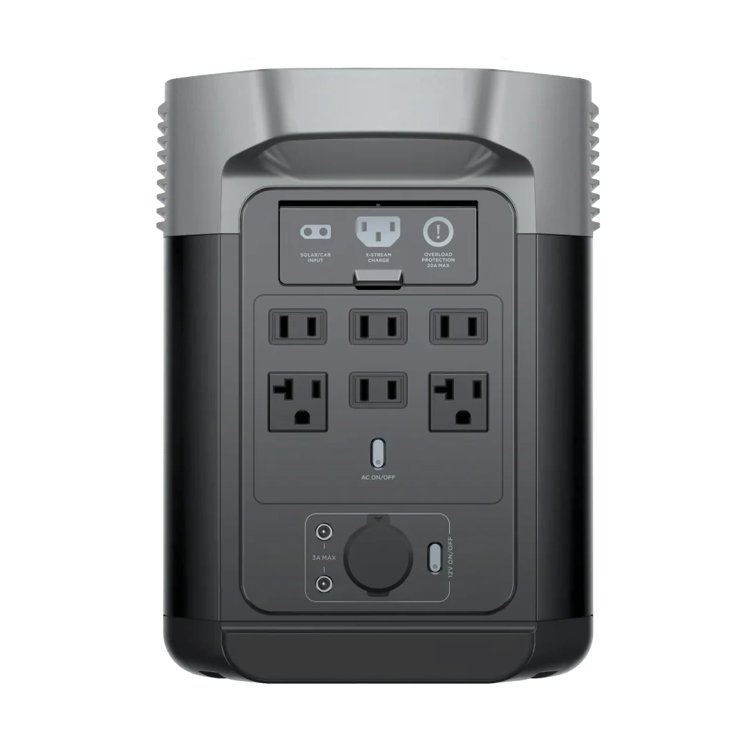 Vue arrière de la station électrique ecoflow delta 2 portable avec prises d'amérique du nord