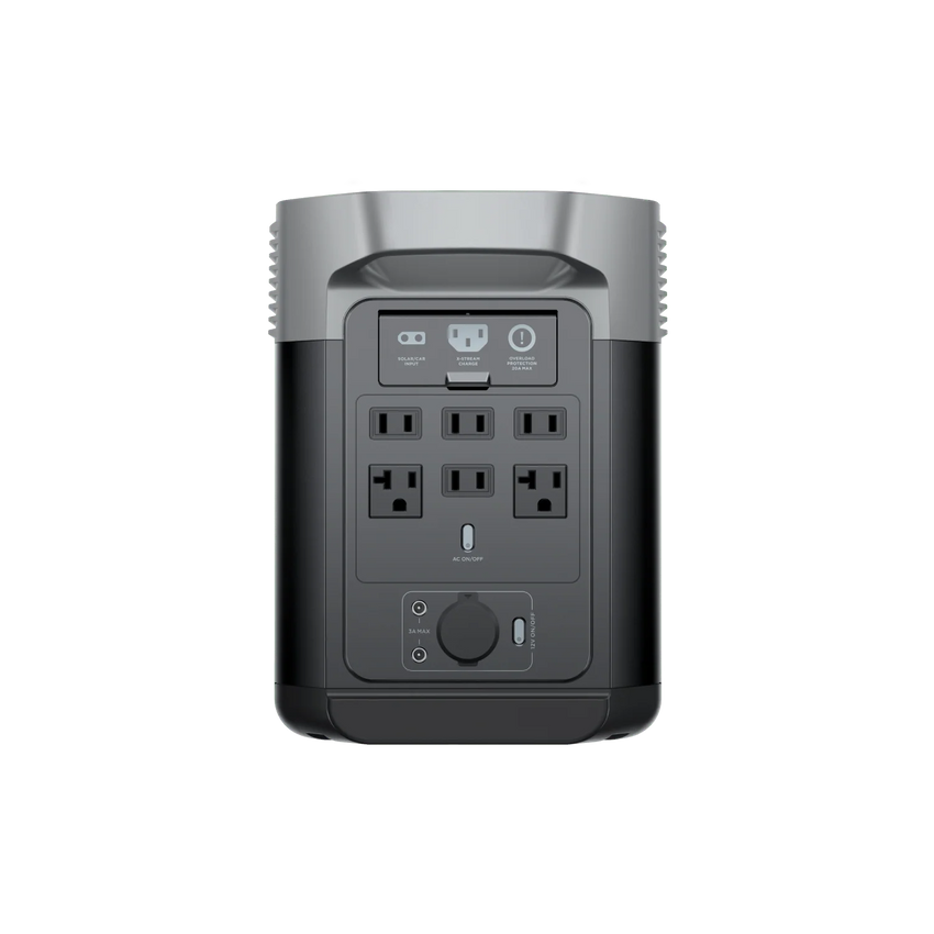 Vue arrière de la station électrique ecoflow delta 2 portable avec prises d'amérique du nord