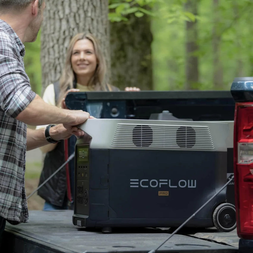 View of the battery generator on a pick up truck tailgate during camping