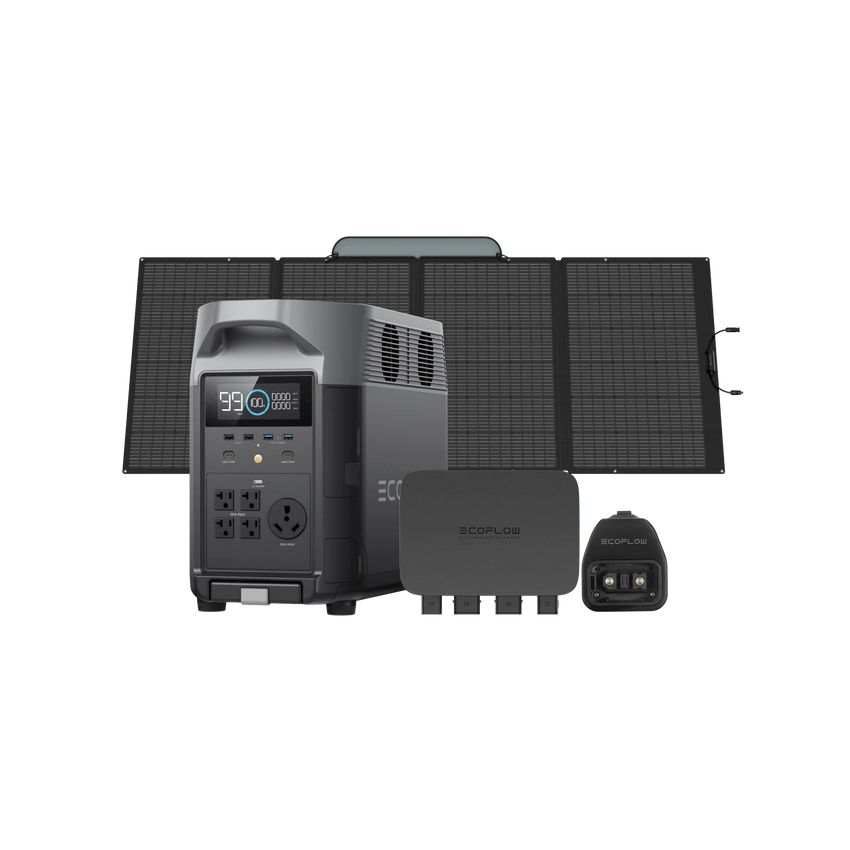 View with a portable solar panel and a power kit