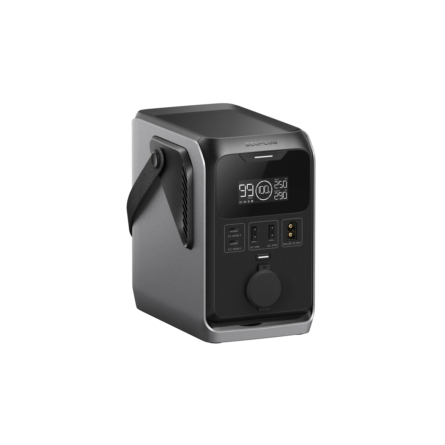 Side view of the portable backpacking battery pack from ecoflow