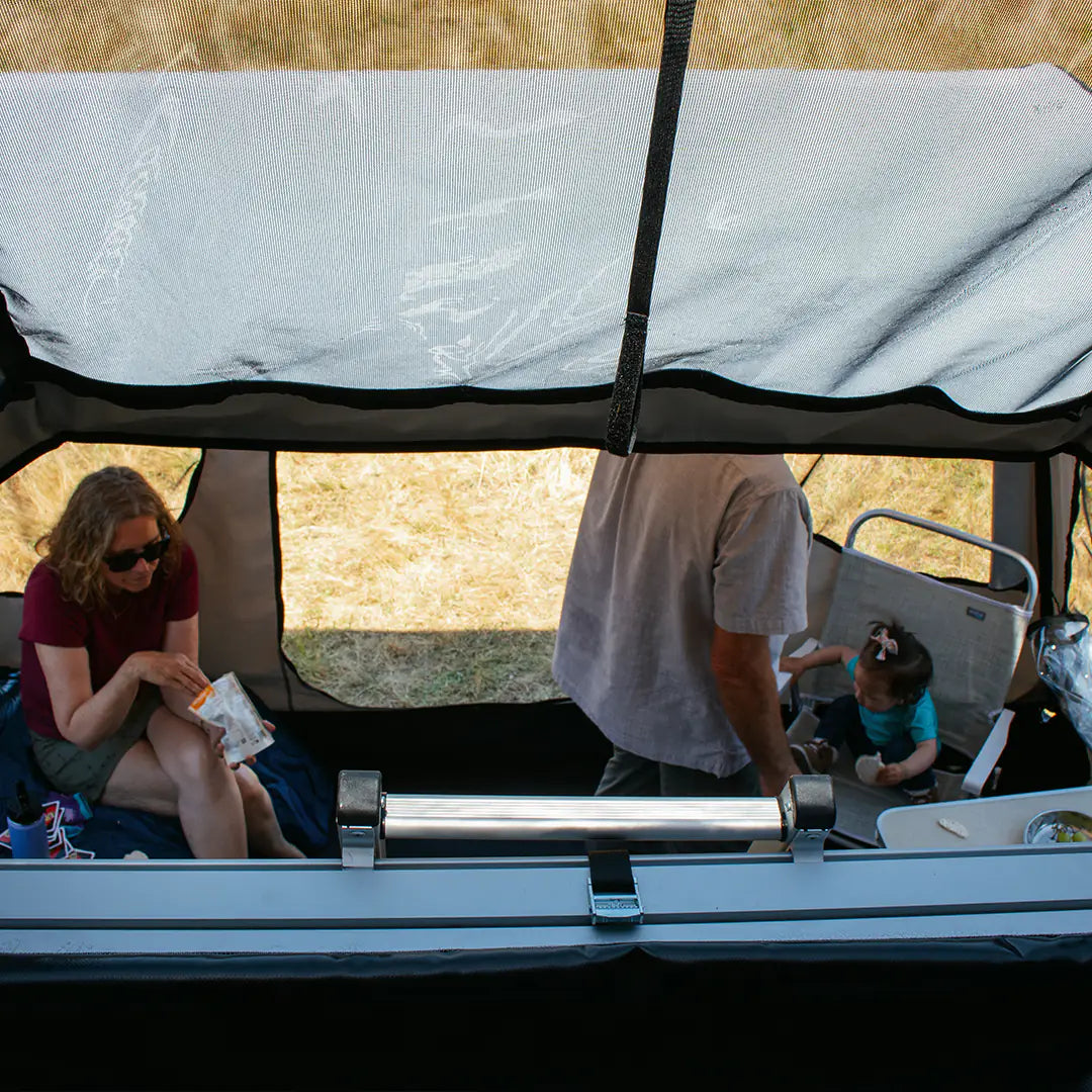 View from the rooftop tent of the tunnel seing everybody in the family room