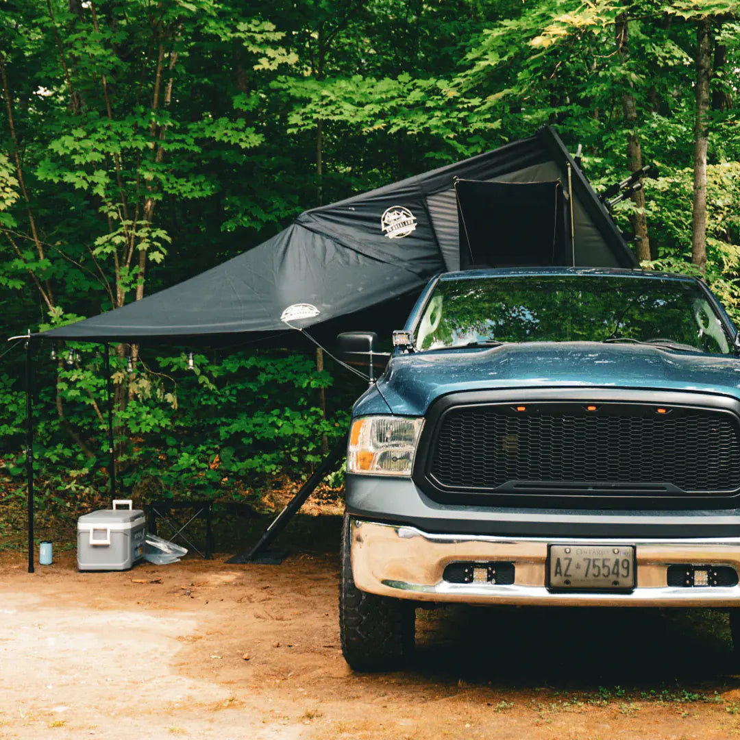 View of the rooftop tent awning with a go overland expedition mini