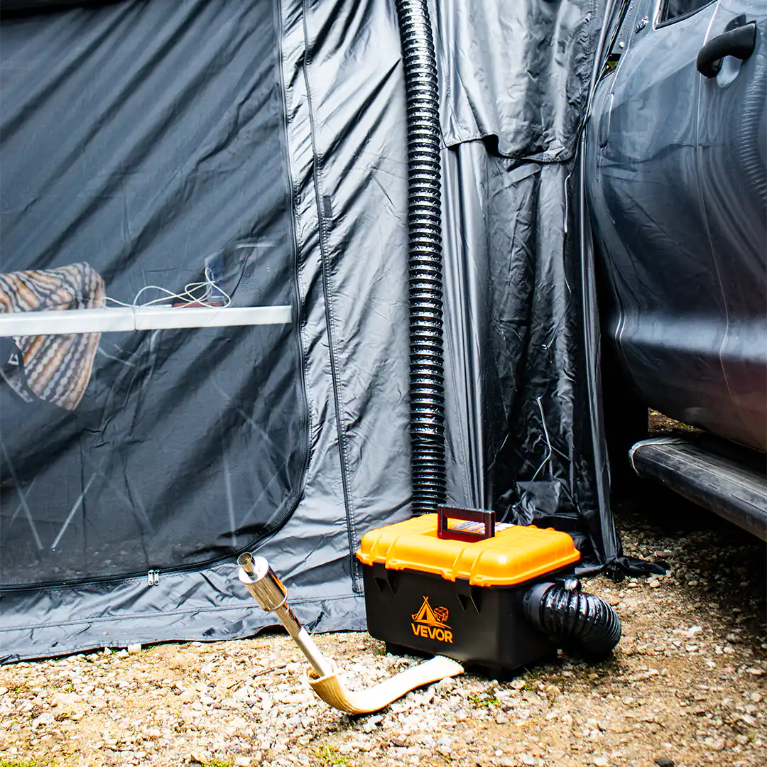 Close view of the heater with air ducting system, annex room and camping roof top tent
