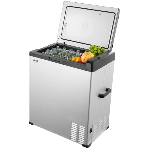 Large 12V refrigerator with food and opened view
