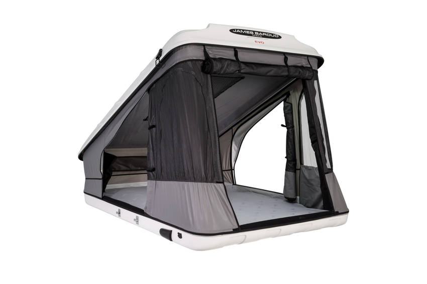 Clamshell Roof top tent with windows and doors open with view of the mattress