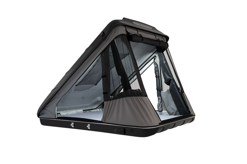 Open doors of the black roof top tent