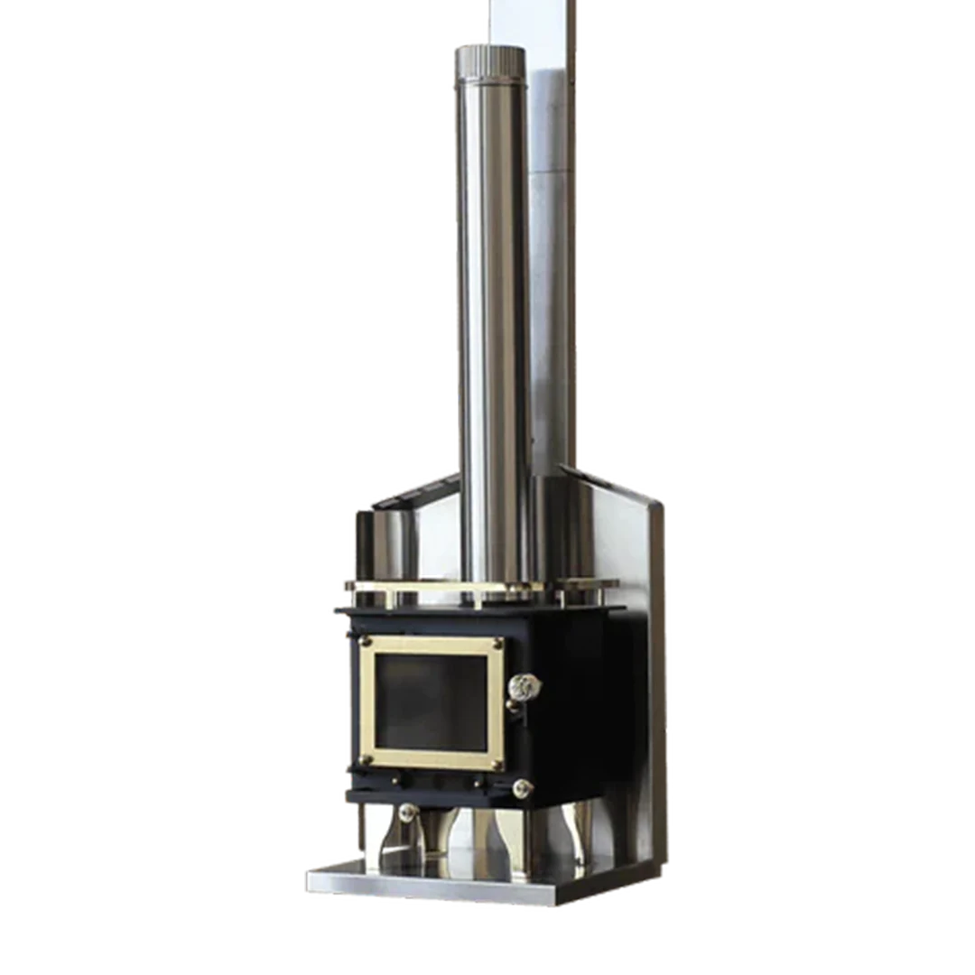 View of the Mini Wood stove with a back plate protection