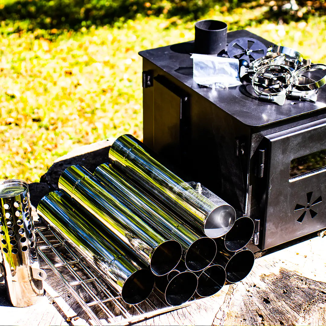 View of the Mini Wood Stove for Van with pipes included and