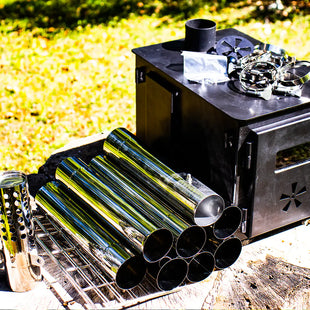 View of the Mini Wood Stove for Van with pipes included and