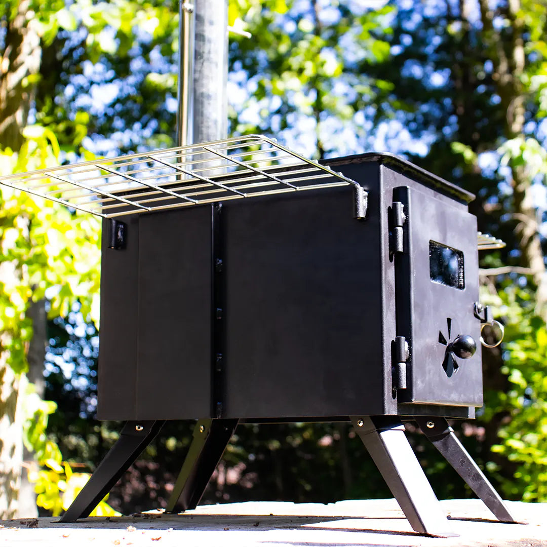 Side view of the mini wood stove for campervan