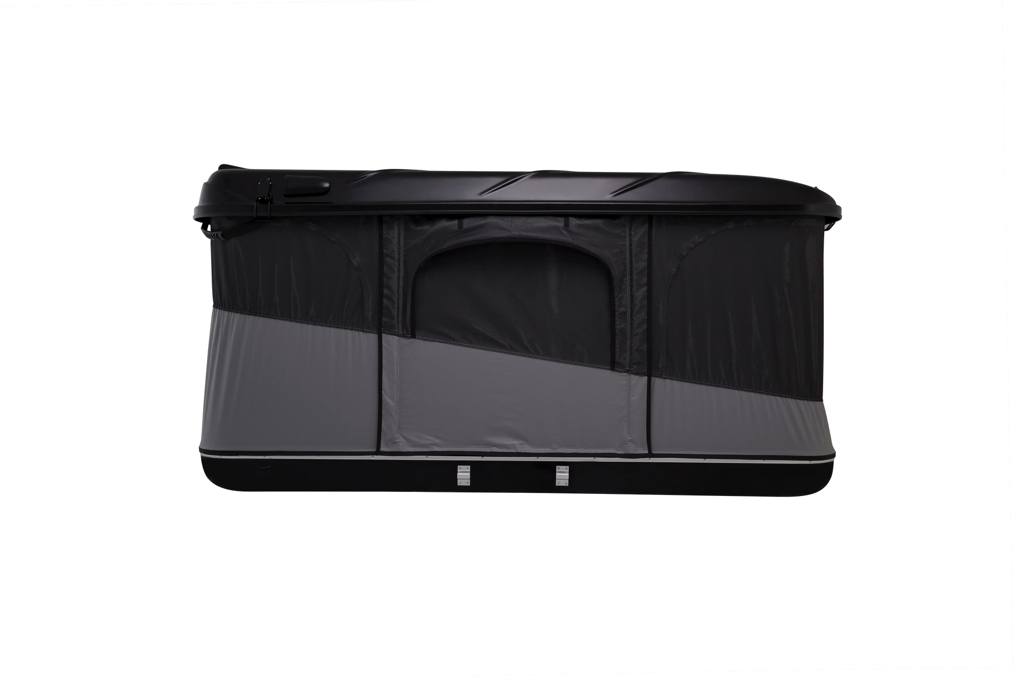 Side view when doors and windows are closed of the black james baroud evasion pop up roof top tent