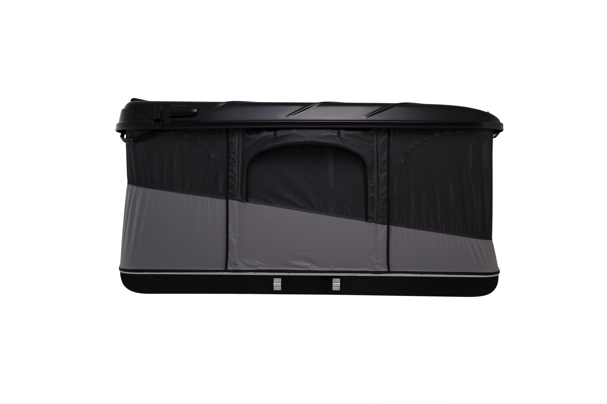Side view when doors and windows are closed of the black james baroud evasion pop up roof top tent