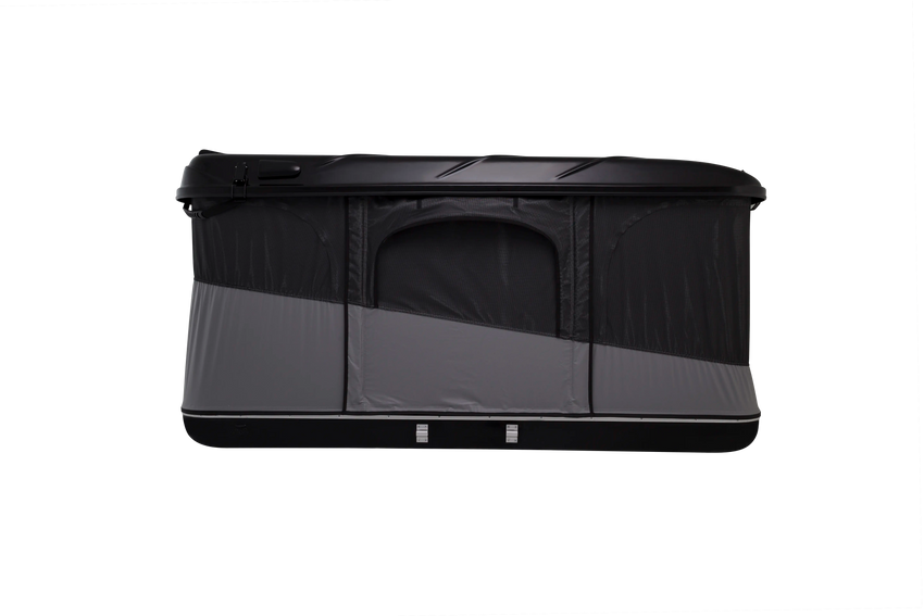 Side view when doors and windows are closed of the black james baroud evasion pop up roof top tent