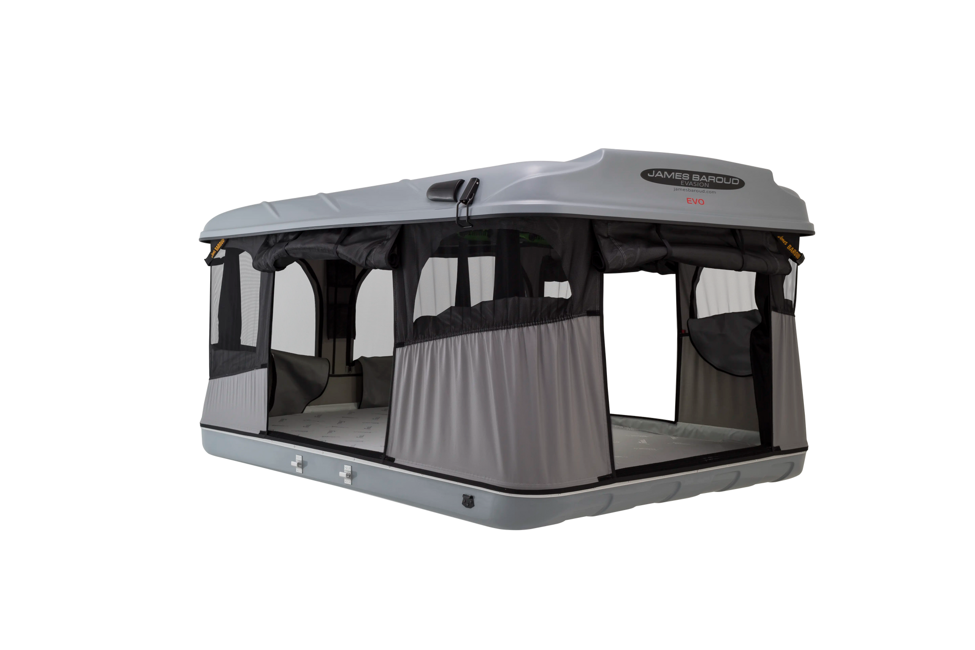 James Baroud Evasion Roof Top Tent with windows opened and inside view of the mattress and doors