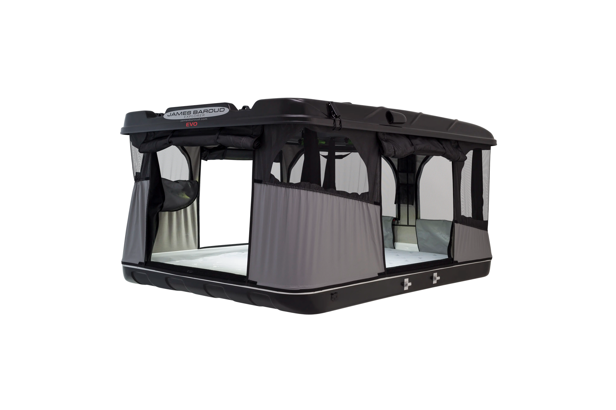 Side view of the James Baroud Grand Raid Pop up Roof Top Tent with lights on