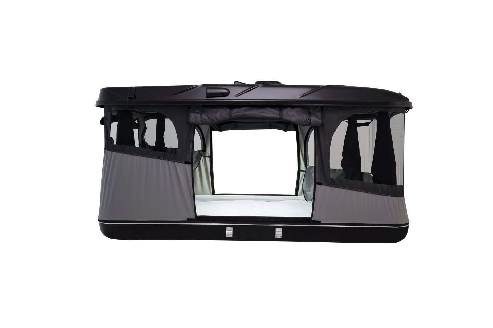Side view of the black roof top tent with lights on and windows open