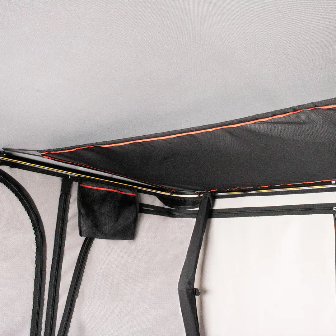 Inside view of the hard shell roof top tent with storage