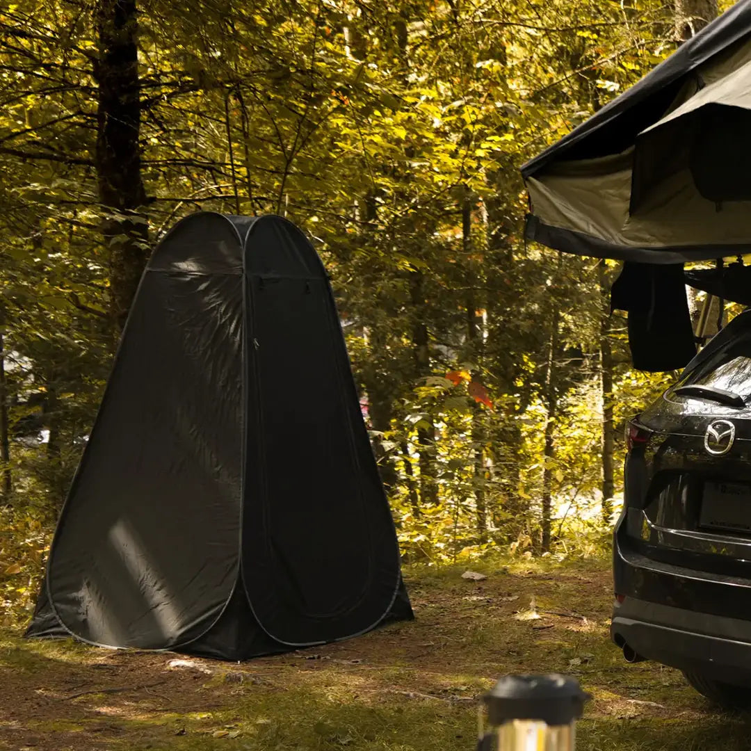 Closed view of the pop up tent