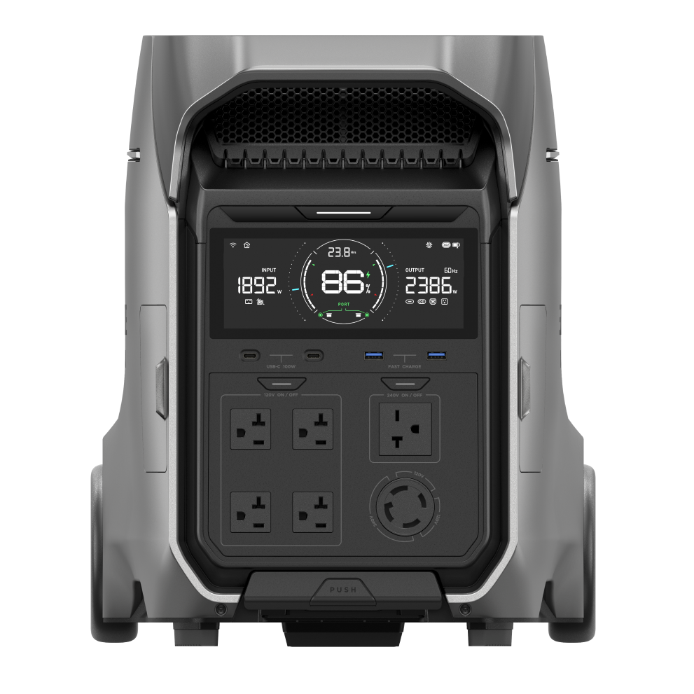 Front view of the portable battery generator with wheels