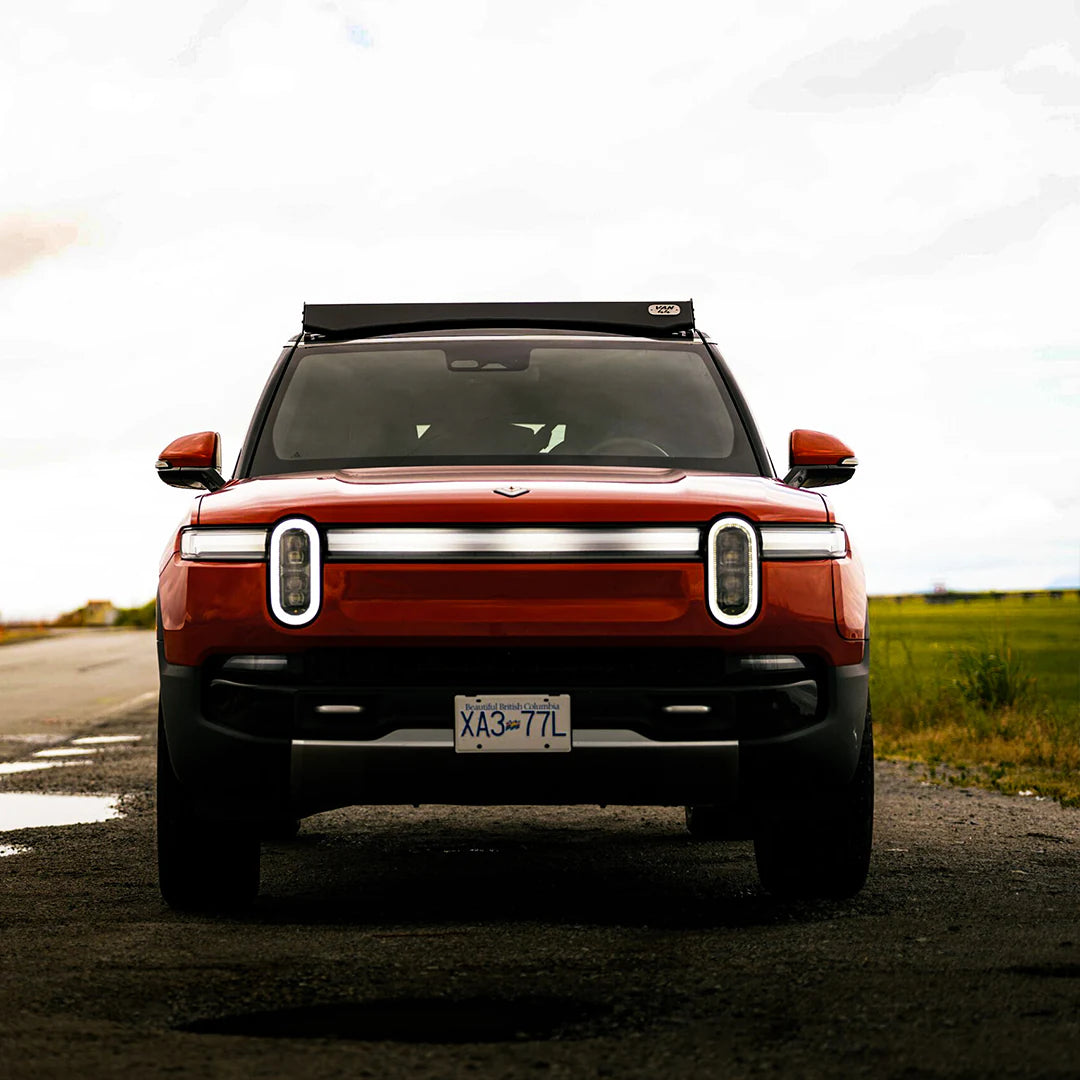 Front view of the Rivian with the roof rack