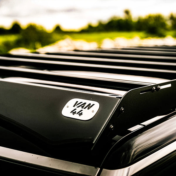 Detailed view of the VAN44 Roof Rack made in Canada on a Rivian