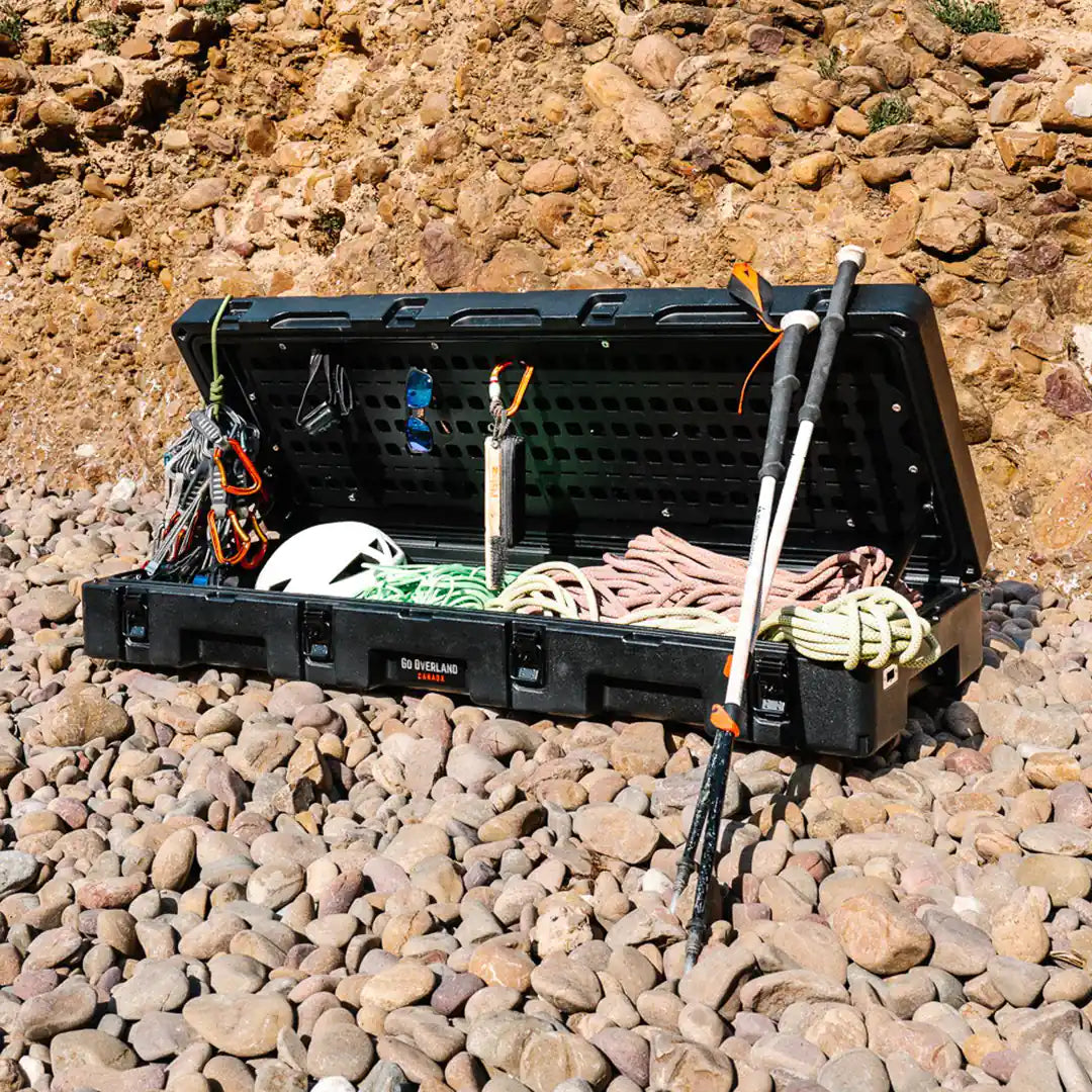 The rugged case opened with a lot of overland gear