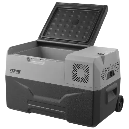 Front view of the opened small cooler with wheels