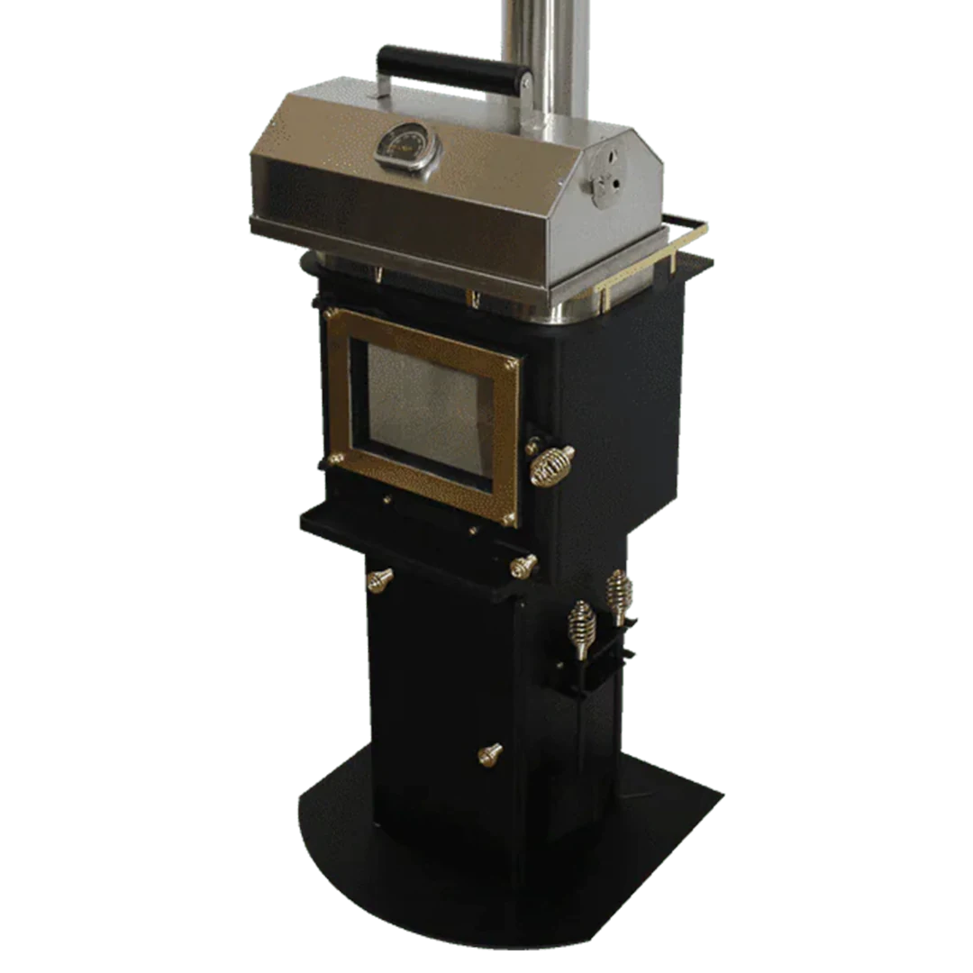 Large view on a support and with a grill of the tiny house wood burner heater