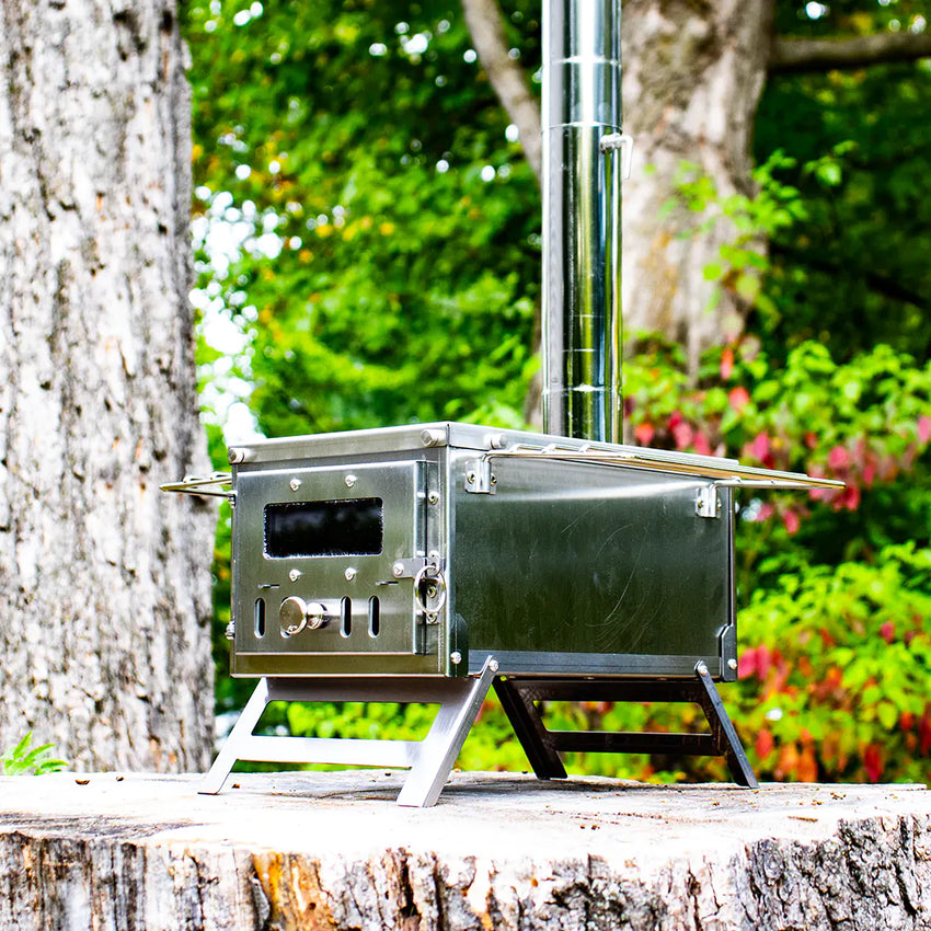 View of the tiny wood stove in the forest